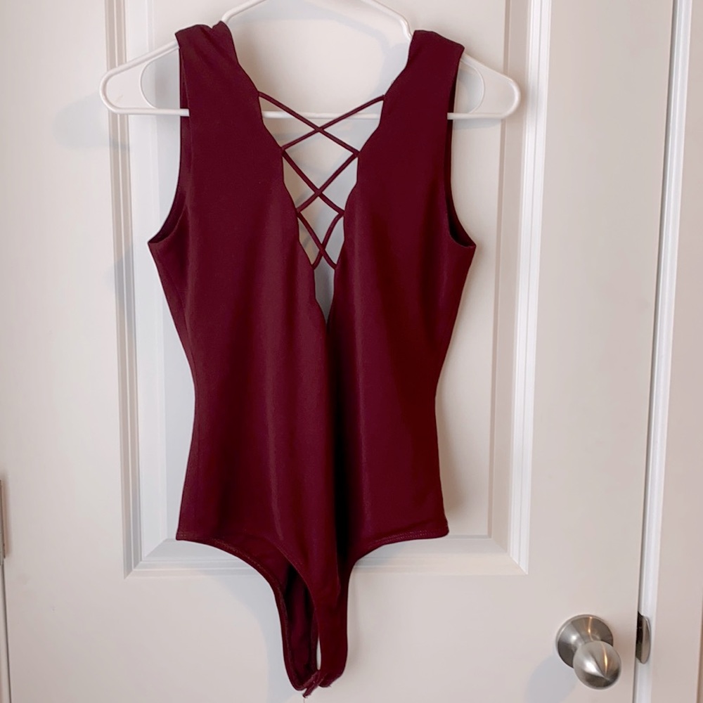 Forever 21 Maroon Deep V Thong Bodysuit